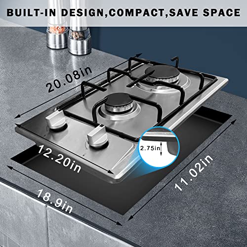 Gas Cooktop 2 Burners,12 Inch Built-In Stainless Steel Gas Stove Top For Lpg/Ng Dual Fuel, 2 Burner Propane Cooktop With Ffd, Gas Hob For Rv, Kitchen, Apartment, Outdoor, Easy To Clean #TOP5
