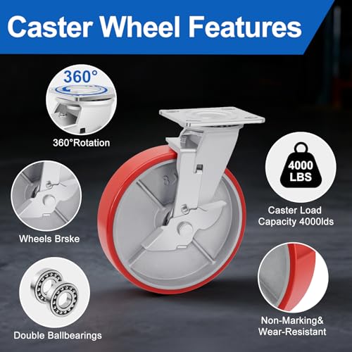 Image of Nefish 8 Inch Industrial Casters Set of 4, Heavy Duty Casters with Brake 6000 Lbs, No Noise Polyurethane Wheel on Steel Hub, Swivel Plate Caster Wheels for Toolbox Workbench (4 Swivel & Brakes)