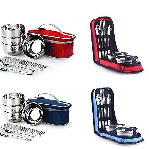 Set Vaisselle Camping 10 Pièces Inox – Assiettes, Bols, Tasses, Couverts + Sacs De Rangement, Idéal Pique-Nique, Randonnée, Voyage