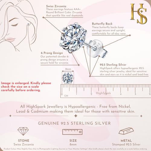 Image of HIGHSPARK 925 Silver Solitaire Stud Earrings | 92.5 Sterling Silver & Round Brilliant Cubic Zirconia Tops for Men Women