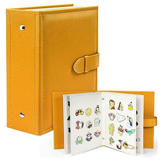 Enamel Pin Display Book, Portable Pin Holder, to Display and Trade Your Disney Pins, 42 Pin Capacity, Fits Rubber Pin Back, Yellow