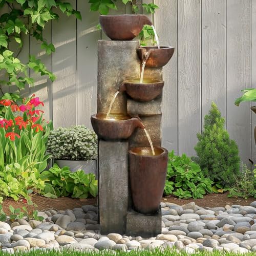 Image of SunJet 5-Tier Cascading Indoor /Outdoor Water Fountain with LED Lights - 39.7 inch High Large Waterfall Floor Standing Fountain for Garden, Patio, Yard, and Deck Decor - Relaxing Outdoor Water Feature