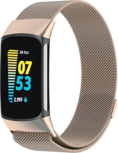 GLOBAL TECH Magnetisch Metall Armband Kompatibel mit Fitbit Charge 6/Fitbit Charge 5 Armband für Damen Herren Verstellbares Metall Bänder für Fitbit Charge 6/Fitbit Charge 5 (Champagner Gold)