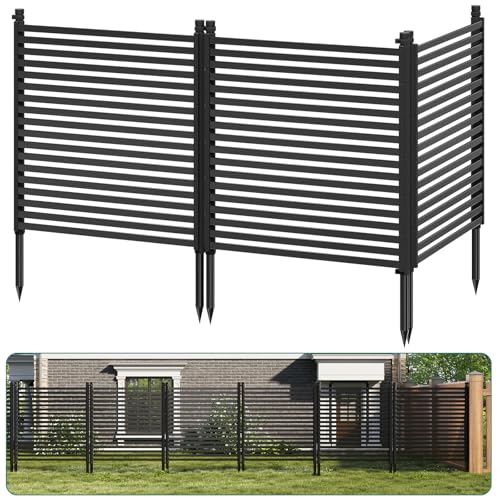 Outdoor Privacy Fence Panels, 48" h x 106" w 3-Panel No-Dig Metal Garden Fence, Rustproof Decorative Barrier for AC Units, Pool Equipment, Trash Can E