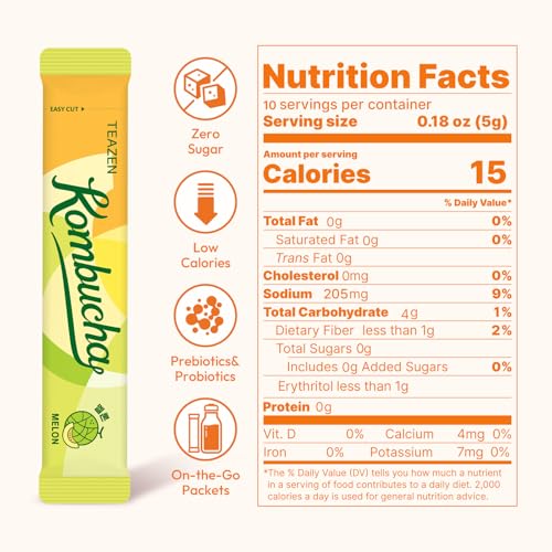 Image of TEAZEN Melon Flavored Kombucha Tea, Hydration Drink Mix, Sugar Free, Live Probiotics & Prebiotics, 10 Sticks, 1.76oz