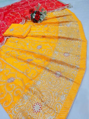 Image of Fancy Heavy Embroidery Work Shimmer Silk Semi-stitched Rajputi Poshak For Women Rajasthani Lehenga Choli