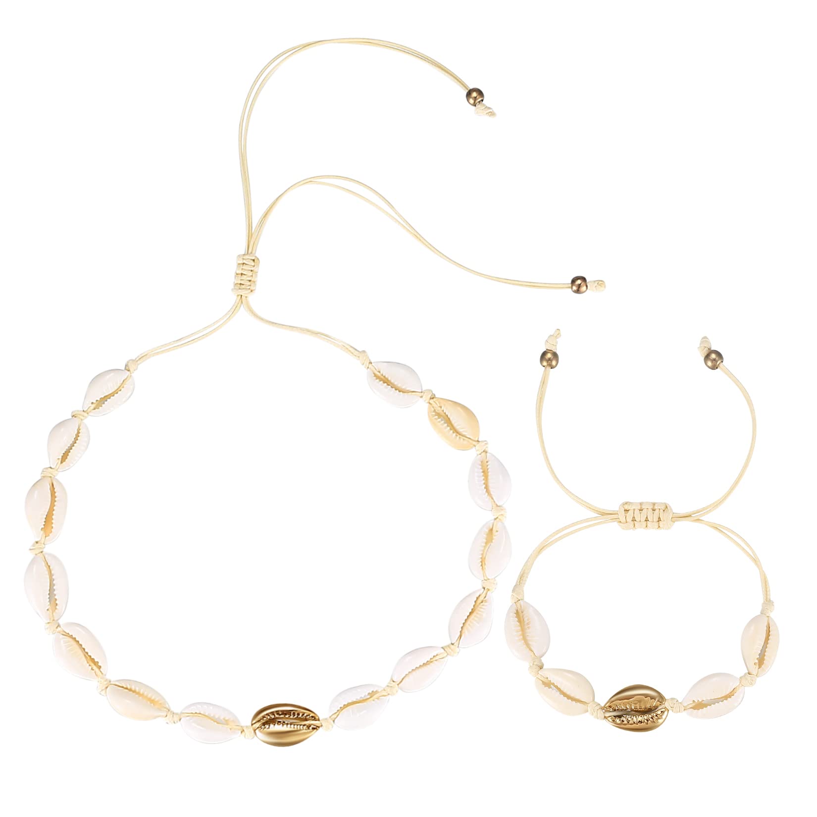 XiangJunly 2 Pcs Shell Choker Bracelet Set, White Seashell Necklace, Gold Beach Shell Bracelets Anklets, Adjustable Natural Sea Shell Clavicle Necklaces Bracelets for Women Girls Lady Jewellry
