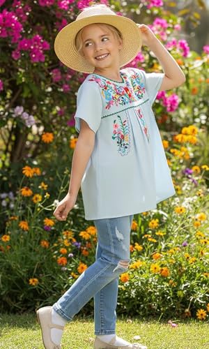 Image of YZXDORWJ Mexican Blouse for Girls Traditional Embroidered Summer Short Sleeve Peasant Blouse for Kids