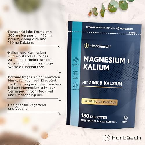 Magnesium Kalium Komplex mit Calcium Zink | 6 Monate Vorrat - 180 Vegane Tabletten | Hochdosiert | Basenpulver Tabletten | von Horbaach