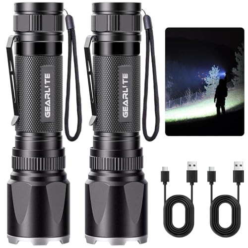 GEARLITE Taschenlampe Led Aufladbar 2Pack, Superhelle Zoombare 3000 Lumen Mini Torch mit 3 Lichtmodi & Langer Betriebsdauer, IP65 Wasserdicht...