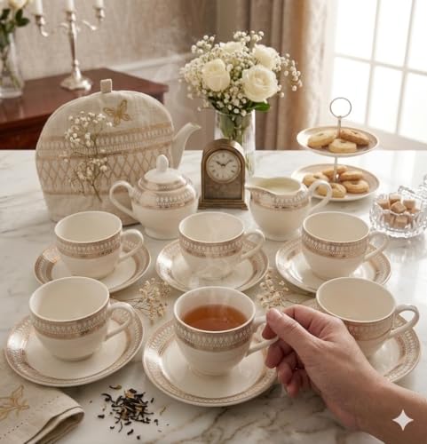 Image of DELIK 17 Piece Ceramic Tea Set | Luxury Teapot Set with Cups, Saucers, Sugar Pot & Milk Jug | Elegant High Tea Set for Home, Wedding & Gift