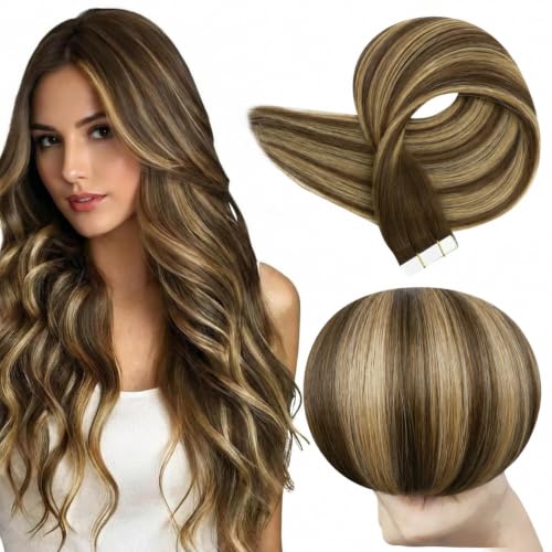 Full Shine Tape In Hair Extensions Human Hair, Honey Brown 16 Inch