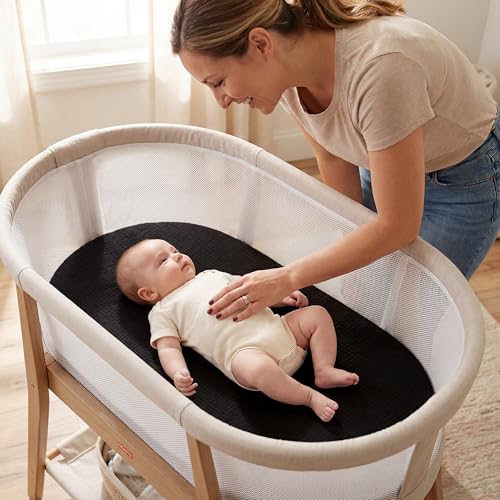 Image of Pro Goleem Muslin Bassinet Sheet for Boys and Girls, Soft Breathable Fitted Cotton Baby Sheets Set for Oval Hourglass and Rectangular Bassinet Mattress, Neutral,1 Pack (Black)