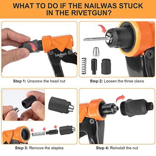 Rivet Gun, Towallmark Pop Rivet Gun Kit with 200pcs Rivets, 4-in-1 Heavy Duty River Gun Tool/Rivet Gun Kit, 3/32 inch, 1/8 inch, 5/32 inch, 3/16 inch 4 Replaceable Nozzle for Metal, Plastic, Leather 8 Rivet Gun, Towallmark Pop Rivet Gun Kit with 200pcs Rivets, 4-in-1 Heavy Duty River Gun Tool/Rivet Gun Kit, 3/32 inch, 1/8 inch, 5/32 inch, 3/16 inch 4 Replaceable Nozzle for Metal, Plastic, Leather - Image 8