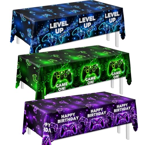 Gupesxu 3Pcs Video Game Table Cover,Video Game Birthday Decoration Neon Gaming Plastic Waterproof Table Covers Gaming Party Decorations for Boys Girls Gamer Birthday Party Supplies