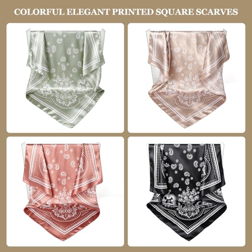 Image of DRESHOW 35 inch Large Square Satin Head Scarf - 4Pcs Silk Accessories Classic Patterned Squares Beach Bandanas for Women