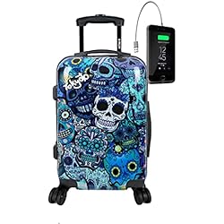 Talento Maletas Cabina TOKYOTO - Maleta de Cabina Juvenil Divertida Equipaje de Mano Blue Skulls Cargador USB 8000mAh 55x40x20 cm | Trolley de Viaje Ryanair Easyjet | Maleta Rígida Solo Maleta | Regalos para comunión