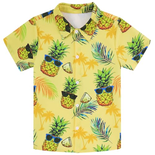 Image of uideazone Size 9-10 Boys Hawaiian Shirts Kids Short Sleeve Button Down Casual Shirt Pineapple Print Blouse Beach Style Summer Wear Tops for Dailywear Camping Hiking Climbing Beach Volleyball