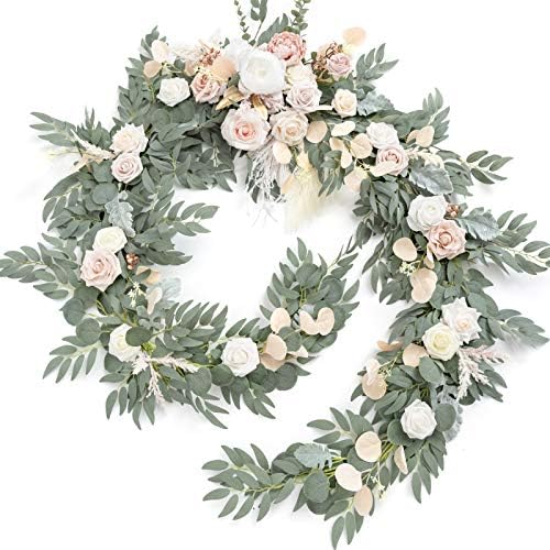 Ling's Moment 9FT Eucalyptus and Willow Leaf Garland with White Flower, Handcrafted Wedding Sweetheart Table Centerpieces Head Table Decor Arch Backdrop Decorations for Wedding | White Beige