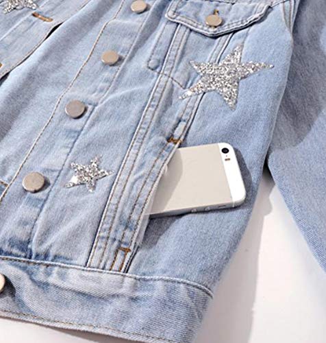 Scofeel Cropped Jean Jacket For Women Regular Fit Embellished Stars Denim Jacket Coat Light Blue, Large #TOP4