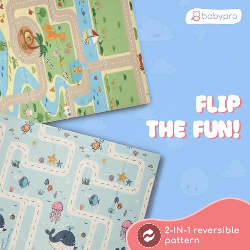 Image of BabyPro 5mm Reversible Baby Playmat, 6 x 5 ft Foldable Mat, Play Trails | Waterproof, BPA-Free XPE Foam, Non-Toxic Bounce-Back Cushion, XL