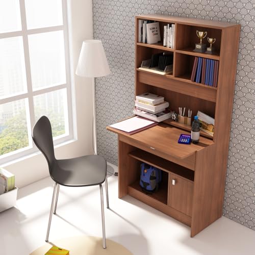 Image of Spacewood Study Table | 3 Year Warranty | Achiever |Study Desk with Storage, Study Table, Table with 4 Shelves and 2 Drawer Storage | Engineered Wood | Walnut Rigato