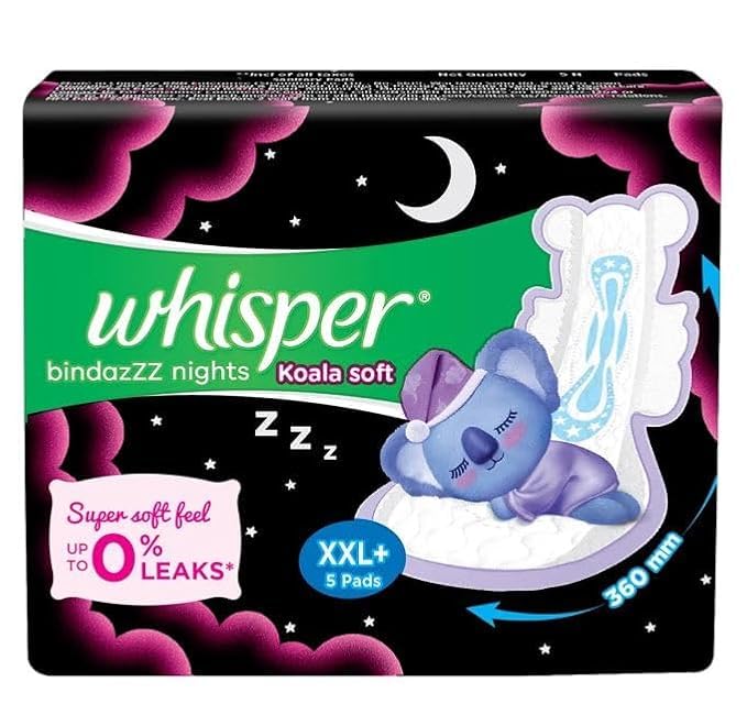 WHISPER BINDAZZZ NIGHTS KOALA SOFT SANITARY PADS, 5 XXL+ PADS, UPTO 0% LEAKS, 60% LONGER & WIDER BACK, SUPER SOFT TOPSHEET, DOUBLE HUG WINGS, DISPOSABLE WRAPPER (B0DC6VD7V2) Amazon Price History, Amazon Price Tracker