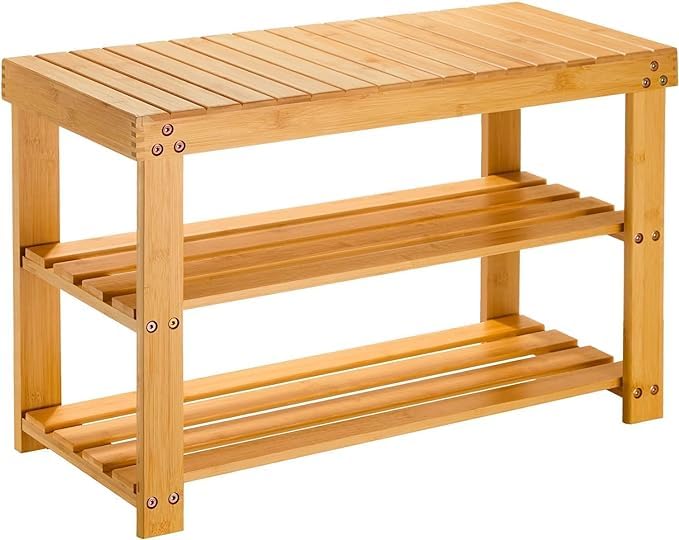 Image of FEELING MALL Living Bamboo 3 Tier Shoe Rack Small Bench, Outdoor Shoe Rack Weatherproof - Shoe Rack with Bench, Bathroom Bench, Shoe Organizer for Entryway, Hallway, Living Room (Natural Bamboo)