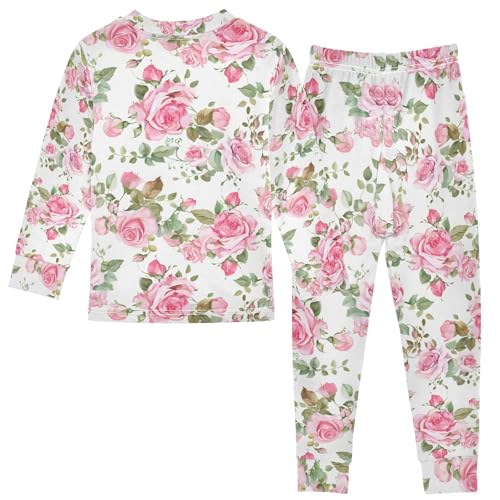 ALAZA Rose Flower Floral Leaves Watercolor Pajamas Long Sleeve Sleepwear 2-Piece Pajama Set2