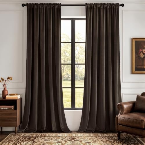 Image of MIULEE Brown Blackout Velvet Curtains Drapes 90 Inch Long 52 inchx90 inch Bedroom | Luxurious Bedroom Living Room Decor, Room Darkening, Thermal Insulated, Rod Pocket Design, Super Soft Fabric