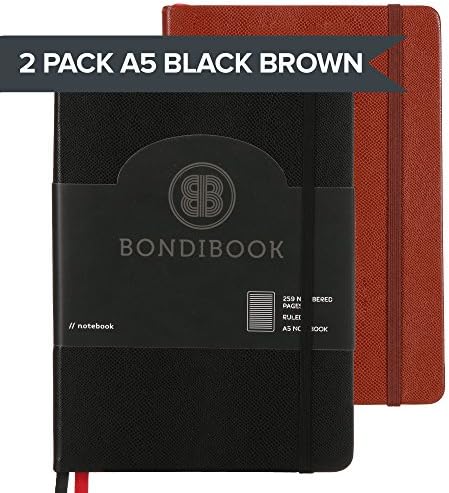 A5 Hardcover Lined Ruled Notebook Journal, 259 Numbered Pages, 2 Bookmarks, 4 Page Index, Bujo Lines Pages (2 Pack Lined, 2 Pack Black/Brown)