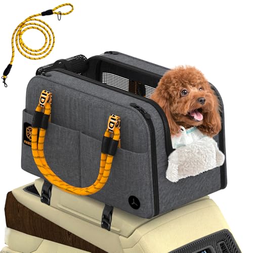 PAWZIDEA Center Console Dog Car Seat, Enclosed Secure Armrest Booster Seat for Small Dogs & Cats up 12lbs, Soft-Sided Travel Pet Carrier Safety Straps