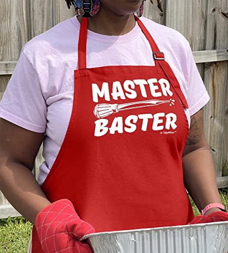 Master Baster Cooking Gag Gift Funny Apron For Kitchen Bbq Barbecue Cooking Baking Grilling Bacon Two Pocket Apron For Chef Tailgating Tailgate Party Apron Red #TOP2