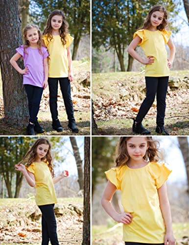 Image of Girls T Shirts Ruffle Short Sleeve Round Neck Loose Blouse Summer Solid Color Casual Girl Tee Tops for 3-12 Years