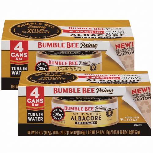 Bumble Bee Prime Solid White Albacore Tuna in Water, 5 oz Easy Open Cans - Premium Wild Caught Tuna - 32g Protein per Serving - Non-GMO Project Verified, Gluten Free, Kosher, (Pack of 8)