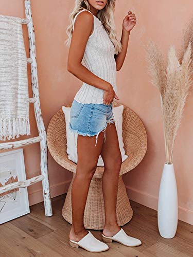 Saodimallsu Womens High Neck Tank Top Summer Ribbed Sleeveless Shirts Casual Loose Knit Cami Sweater Vest White thumb #3