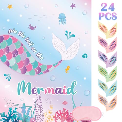 Image of WERNNSAI Pin The Tail on The Mermaid - Mermaid Party Decorations Ocean Party Games for Wall Home Room Birthday Party Favor 21'' x 28'' Poster with 24PCS Tail Stickers