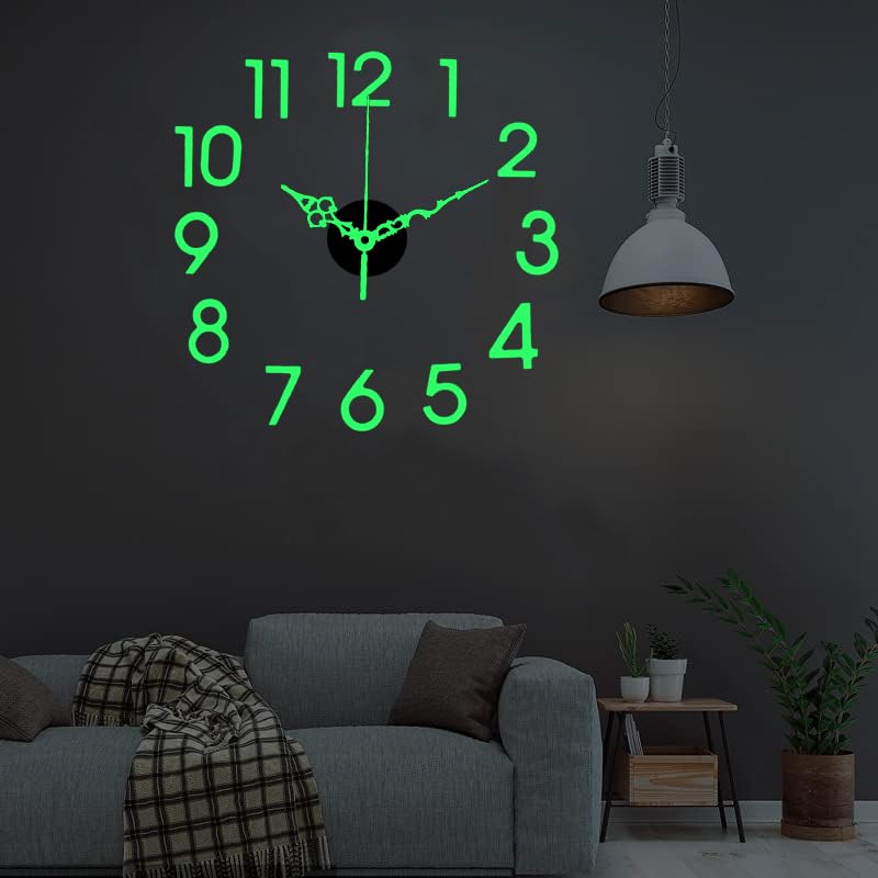 YONOTA® 12Pcs Number Radium Green Glow Sticker Wall Clock-Plastic Foam DIY Creative Abstract 3D Frameless Analogue with Plastic Mirror and Adhesive Stickers for Living 30Cm to 80Cm, Radium/Blue Pack 1-image-35