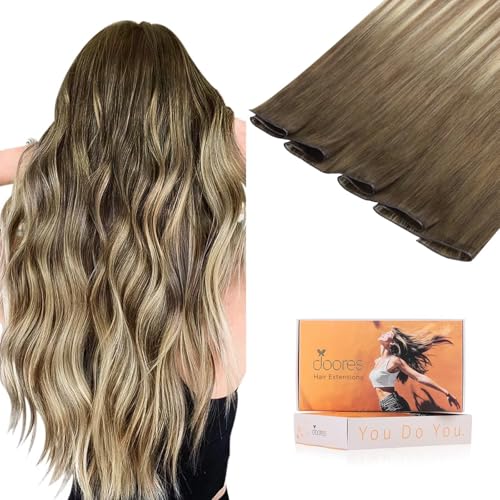 Image of DOORES Genius Sew in Weft Real Hair Extensions, 20 Inch Balayage Walnut Brown to Ash Brown and Bleach Blonde 60g, Straight Sew in Hair Extensions