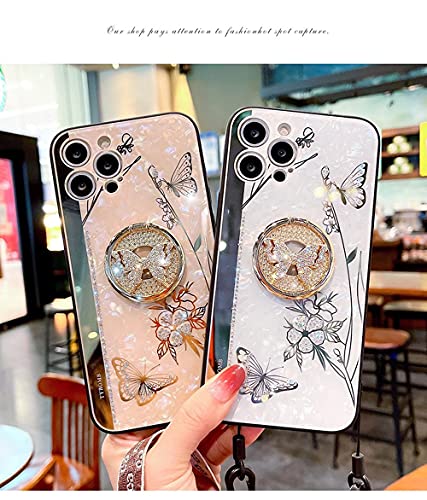 Aulzaju For Luxury Iphone 12 Pro Max Case Women Girl Design With Ring Kickstand,Cute Glitter Butterfly Pattern,Plating Pearl Hard Back Rugged Bumper Cover For Iphone 12 Promax Bling Diamond Phone Case #TOP5