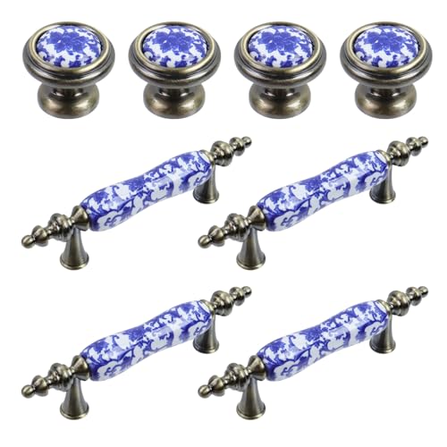 MY MIRONEY Vintage Elegant Ceramic Drawer Pulls and Knobs Blue and White Porcelain & Zinc Alloy Handles for Cabinets and Drawers,4PCS 3" Hole Centers + 4 PCS 1.26" Circular Handle