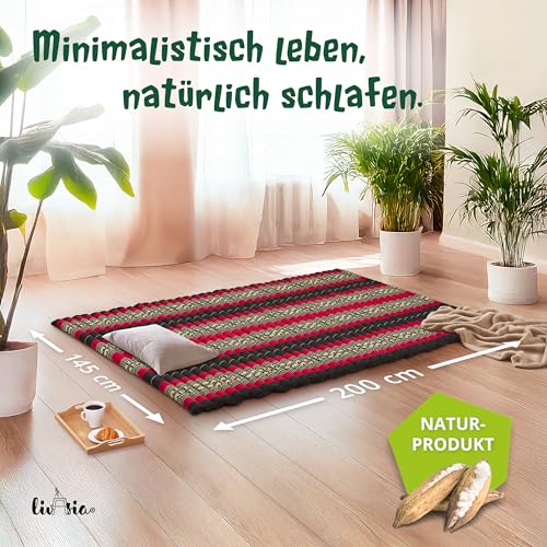 livasia Rollmatte XXL breit Doppelbett - 200x145x4,5cm - Gästebett Gästematratze 2 Personen mit Muster, Reisebett für Kofferraum und outdoor, Thaimatte Kapok Garten und Balkon (Schwarz/Elefanten)