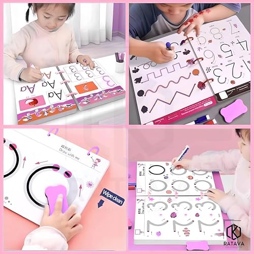 Image of Reusable Magic Tracing Workbook for Kids | Preschool Writing Practice with Disappearing Ink | Learn Alphabets, Numbers, Shapes & Lines | Early Learning Book (48 Pages, 4 Pens, Purple)