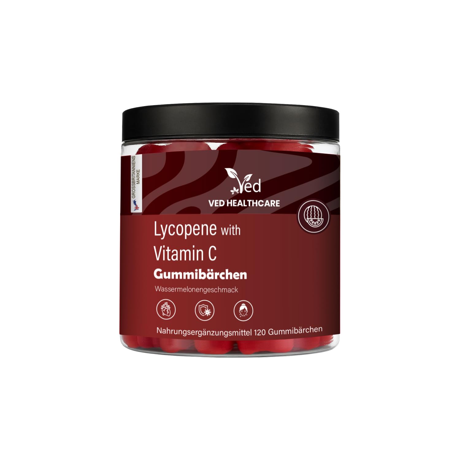 VED Lycopin-Gummibärchen mit Wassermelonengeschmack für Männer und Frauen, zur Unterstützung von Haut und Sehkraft, pflanzlich, vegan, gentechnikfrei, 120 Gummibärchen für die tägliche Einnahme.