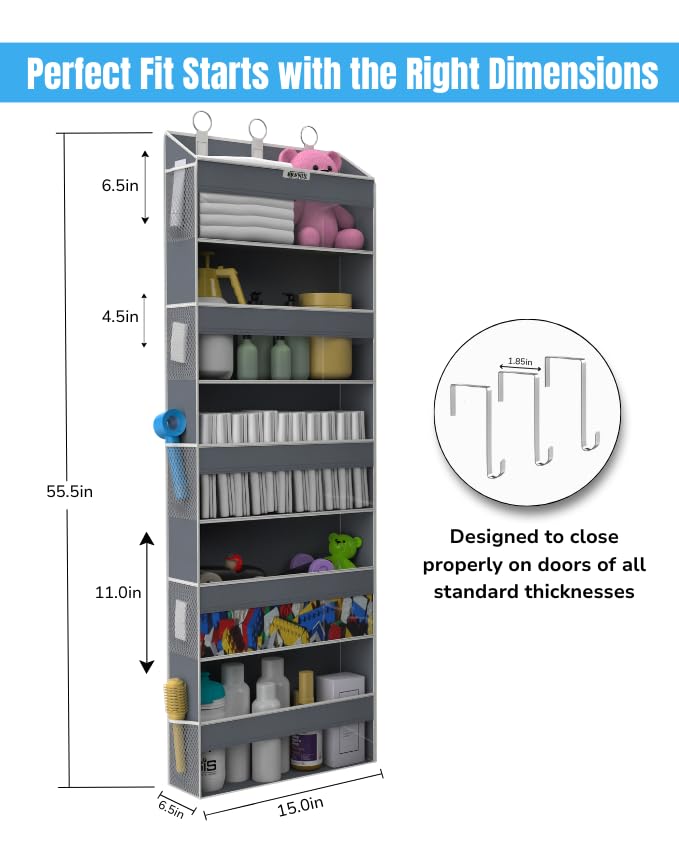 BRENIX Over the Door Organizer with 5 Large Pockets & 10 Mesh Side Pockets – Durable Hanging Storage for Closet, Bathroom, Bedroom, and Pantry – Space Saving Door Storage with Sturdy Metal Hooks.