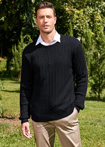 Kallspin Men's Cable Knit Crewneck Sweater Pullovers Wool Blended Relax Fit Knitwear (Black, Large) #TOP4