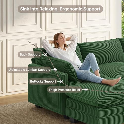 Image of Gizoon 110'' Oversized L Shaped Couch for Living Room, Cloud Couches with Washable Corduroy Cover, Modern 4-Seater Comfy Deep-Seat Sofa with Movable Ottoman and 2 Throw Pillows for Apartment, Green