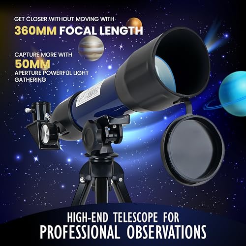 Image of Cezo 50MM Telescope 90X Zoom HD Focus Astronomical Telescope Refractor with Mobile Stand and Portable Tripod Stand High Power Telescope Gift for Kids, to Explore Moon, Planets, Stargazing