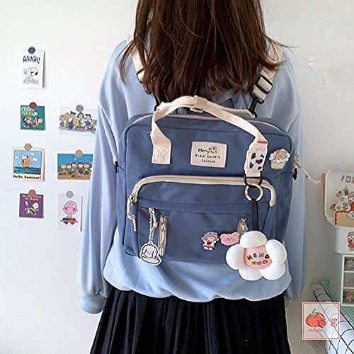 Kawaii Canvas School Backpack with Pendant, Laptop Shoulders Bag, Back to School Off to College Supplies (Blue)3