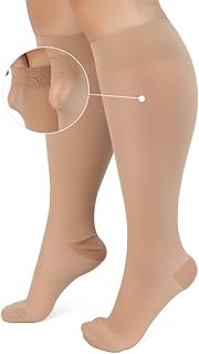 AKSO MEDICOS Sheer Cpmpression Socks Stockings, Plus Size Compression Socks (2XL-3XL) 20-30 mmHg Extra Wide Wide Calf Knee High Stockings for Improve Circulation Varicose Veins Swelling Edema,Beige